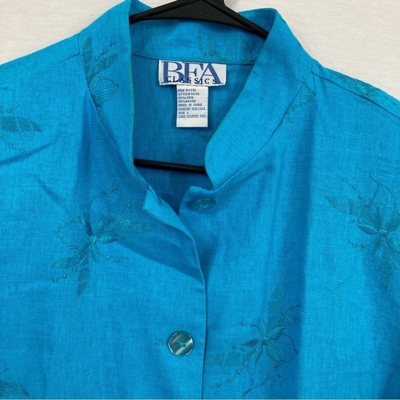 Vintage Blue Linen Blend Floral Embroidered Long Sleeve Button Down Large - Picture 3 of 9
